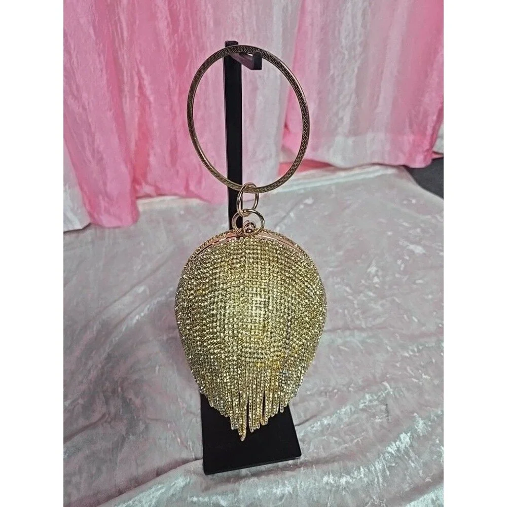 Glamorous Round Gold Rhinestone Waterfall Bracelet Evening Bag 6